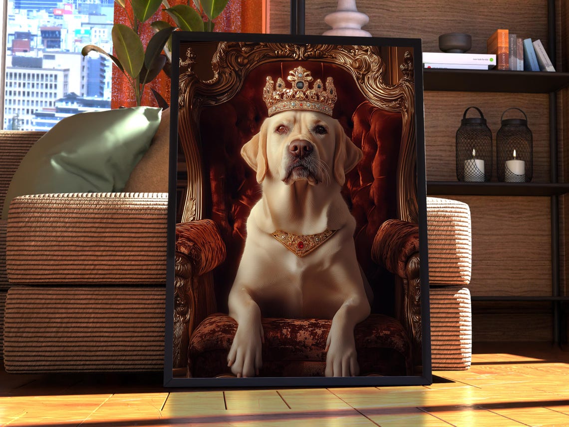 Crowned Labrador Retriever on Throne Funny Royal Dog Wall Art