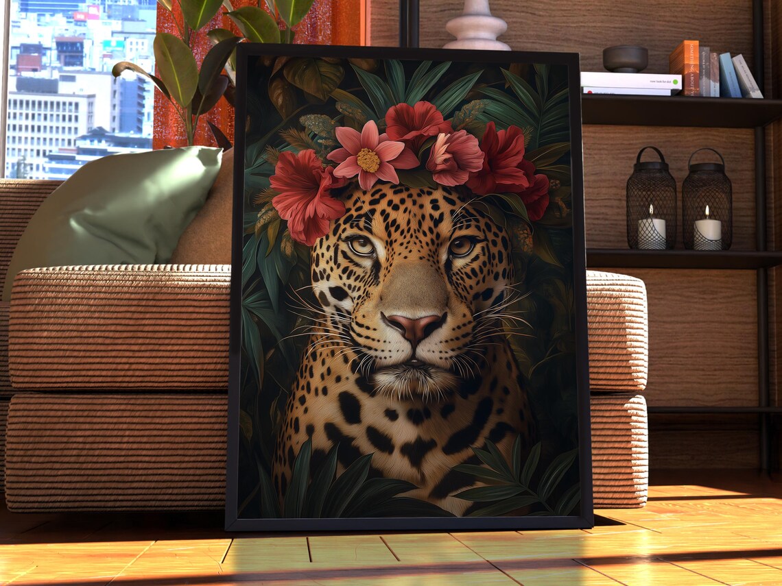 Leopard With Tropical Flower Crown Botanical Jungle Portrait Wall Art