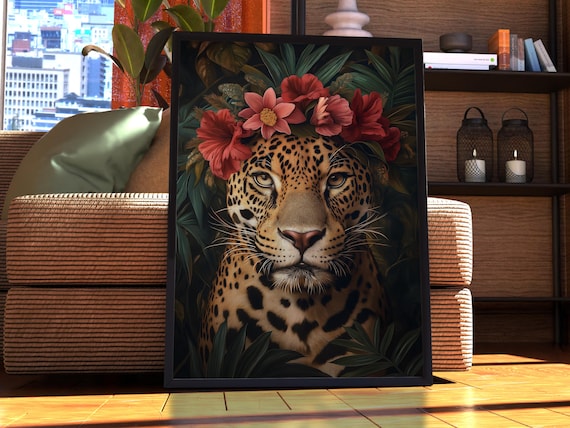 Maximalist Leopard Poster Floral Animal Print Wall Art Portrait Vintage Funky Colourful