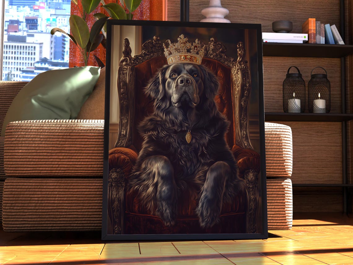 Newfoundland Royal Portrait Crowned Black Dog Throne Baroque Poster