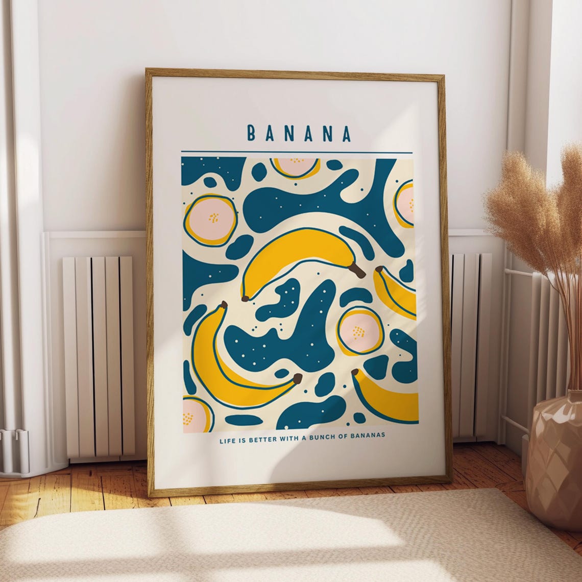 Vintage Banana Pattern Yellow Teal Abstract Fruit Kitchen Art Poster