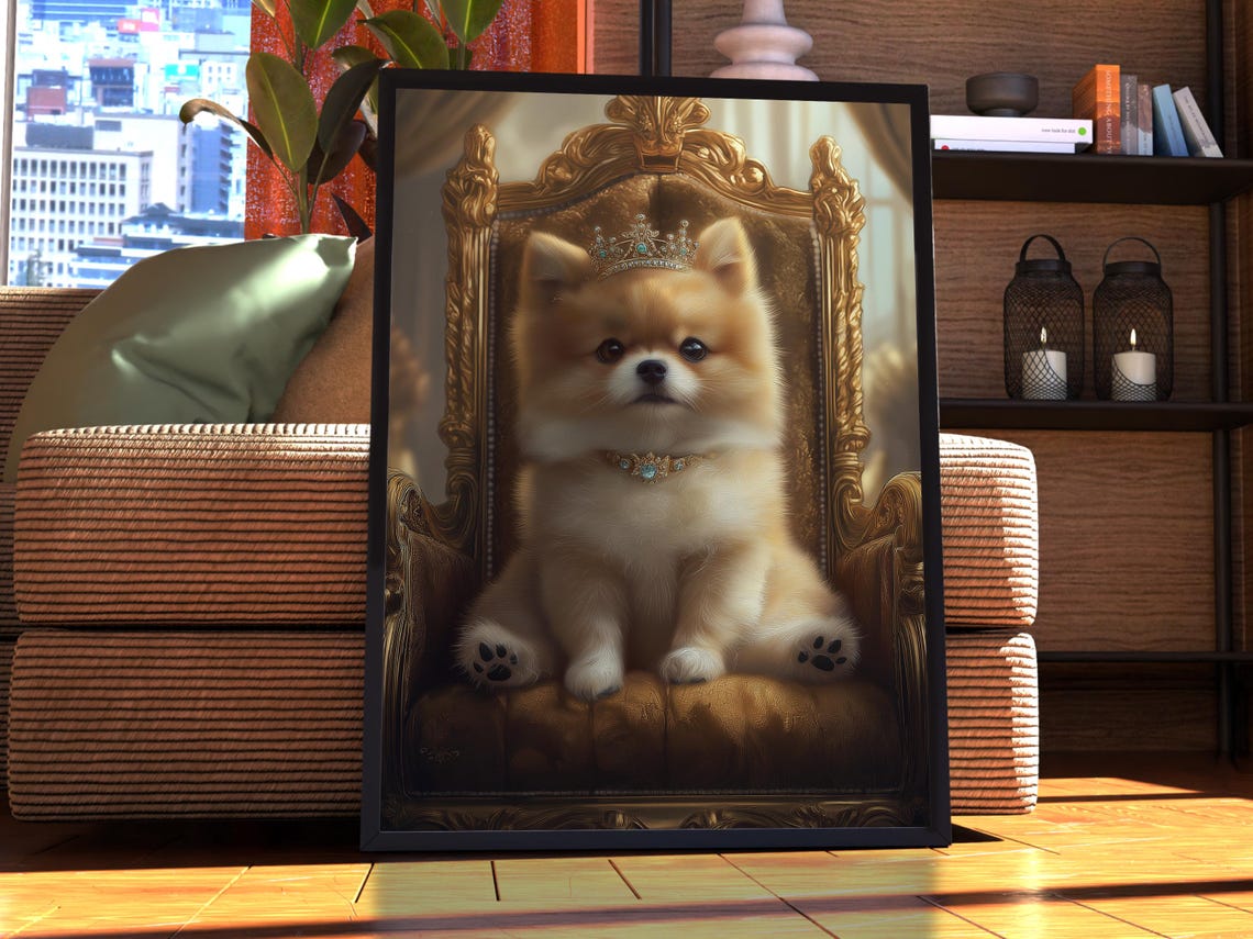 Pomeranian Royal Tiara Golden Throne Portrait Poster Pet Gift