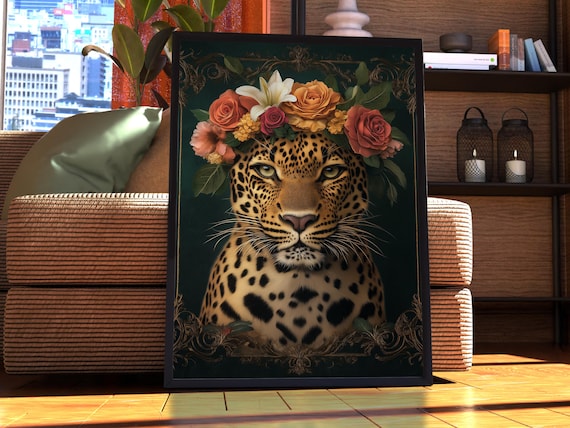 Maximalist Leopard Poster Floral Animal Print Wall Art Portrait Vintage Funky Colourful