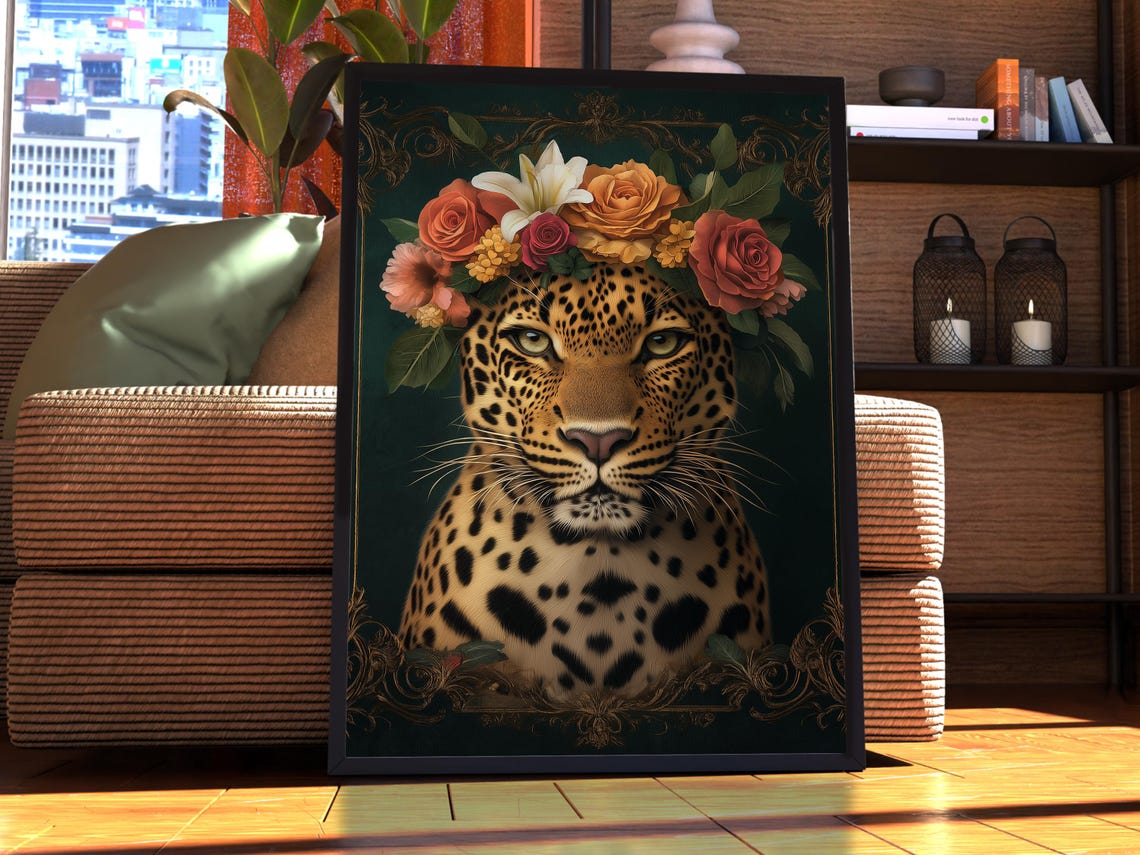 Leopard Floral Crown Maximalist Botanical Dark Green Animal Poster