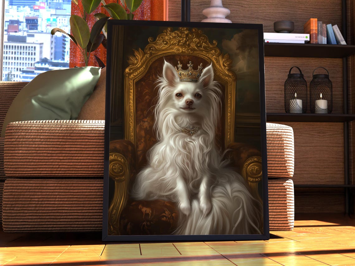 White Long Haired Dog Royal Crown Throne Portrait Poster Pet
