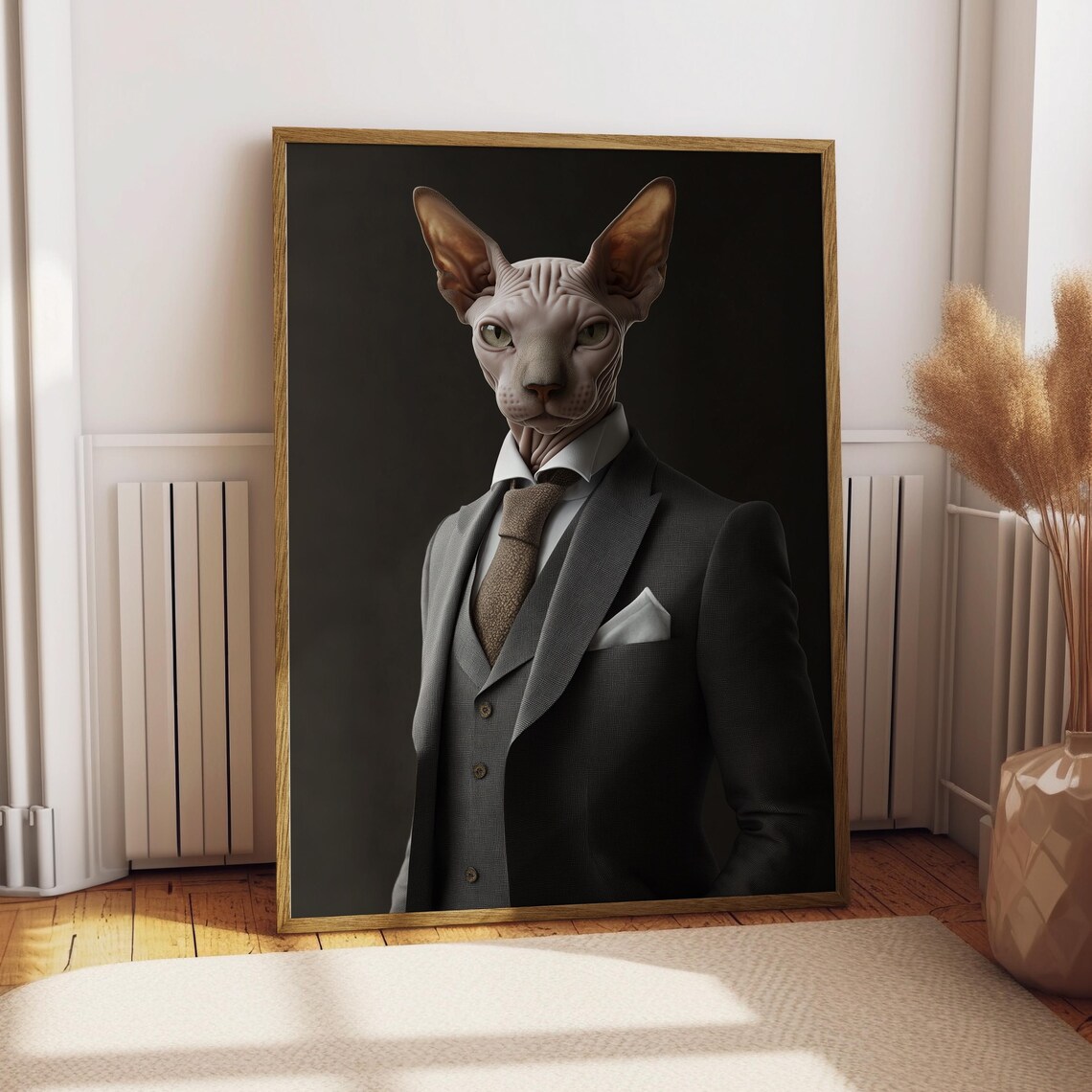 Sphynx Cat Gentleman in a Grey Three Piece Suit Elegant Pet Portrait Wall Art