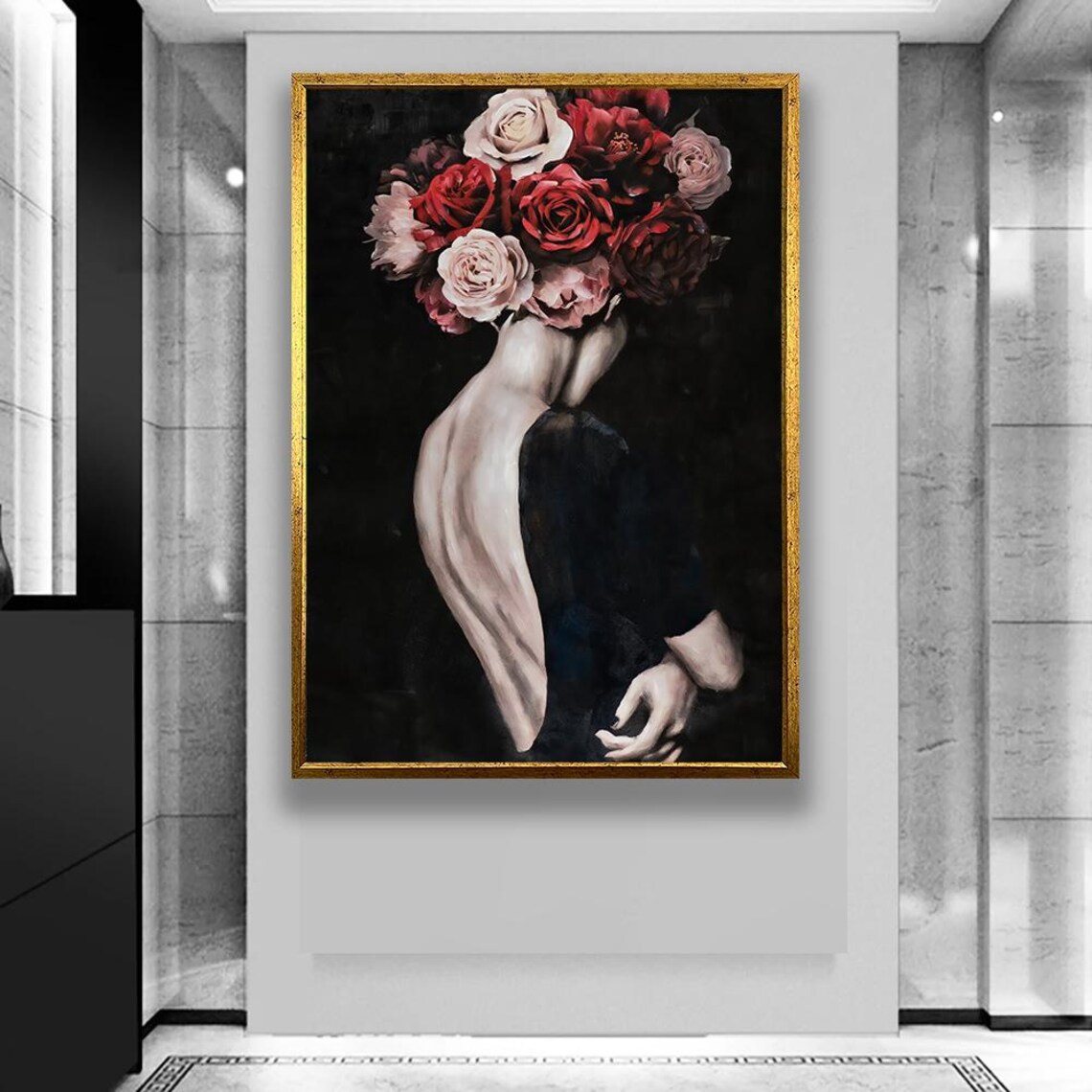 Floral Woman Portrait Elegant Rose Canvas Art Dramatic Poster