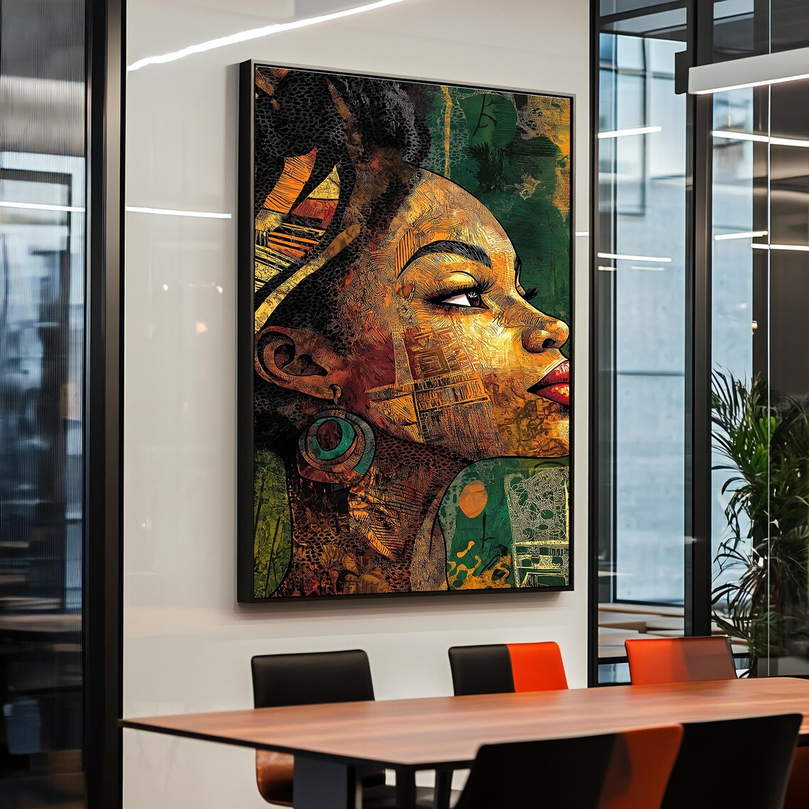Afrocentric Woman Profile Gold Turquoise Abstract Portrait Wall Art