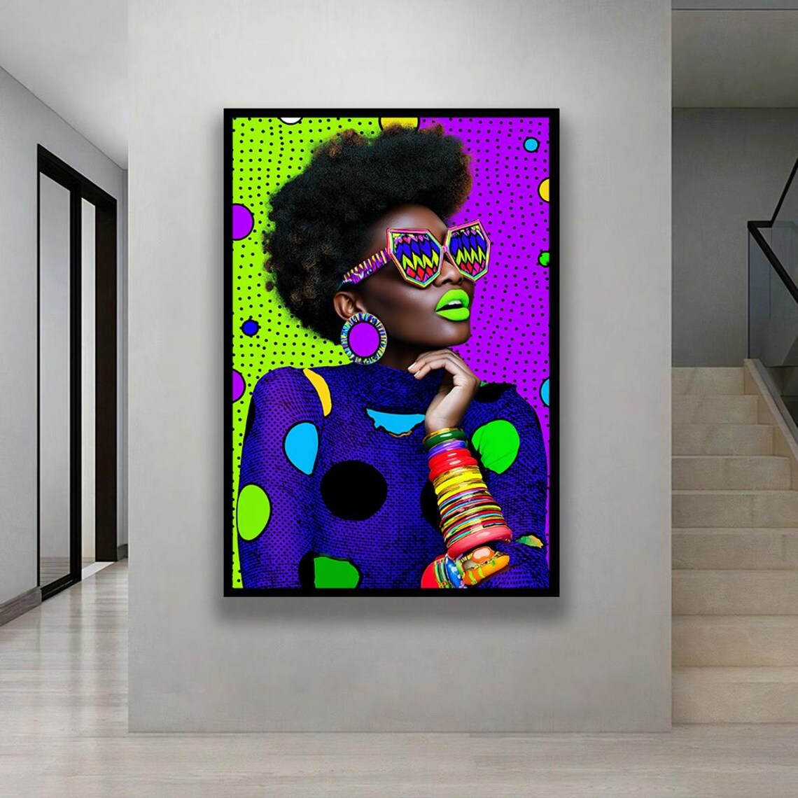 Colorful Neon Pop Art Portrait Afro Woman Halftone Sunglasses Poster