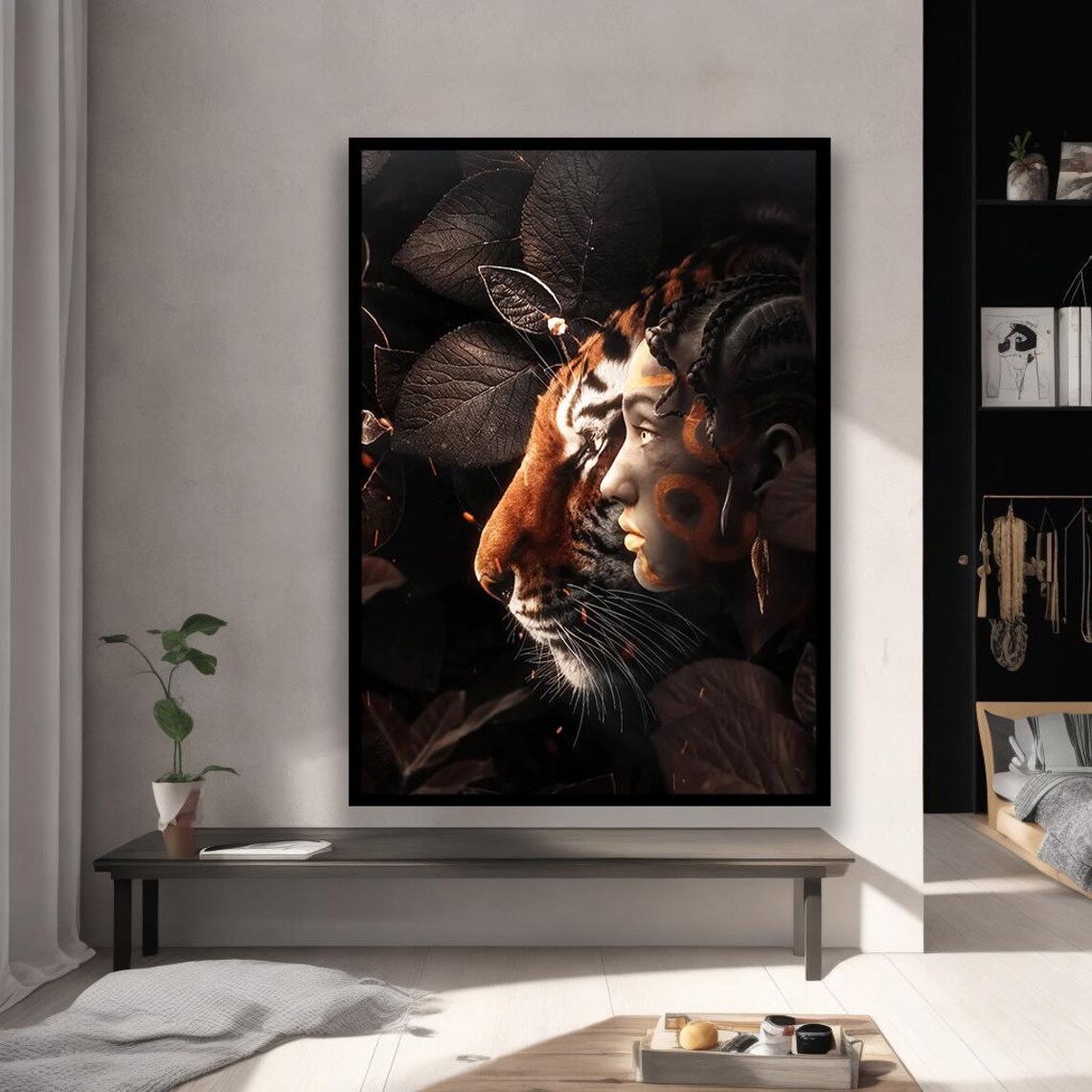 Tiger And Woman Portrait Dramatic Wildlife Canvas Art Poster