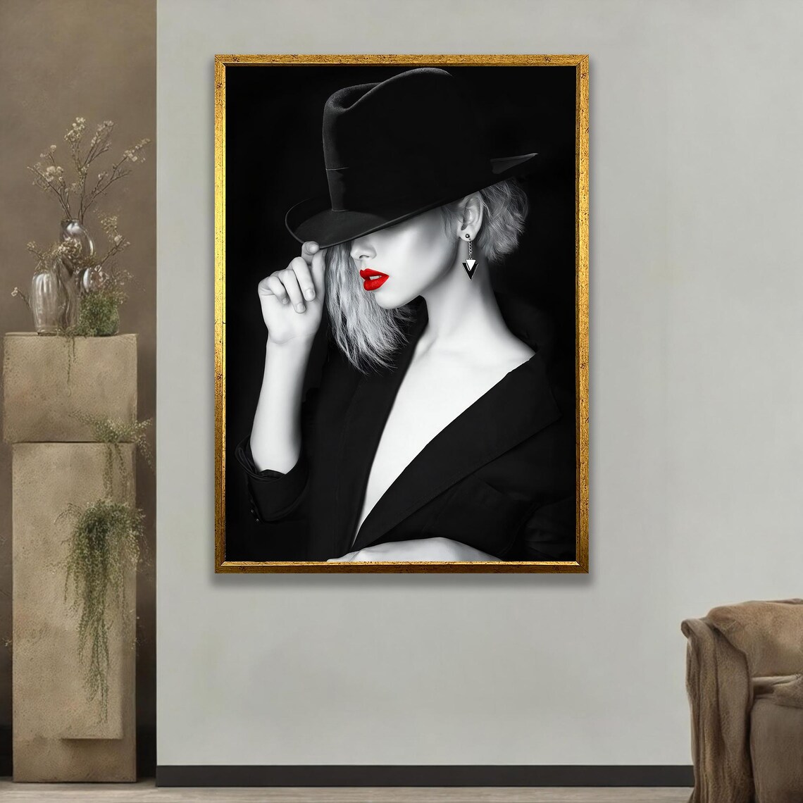 Woman with Fedora Black and White Fashion Portrait Red Lips Poster