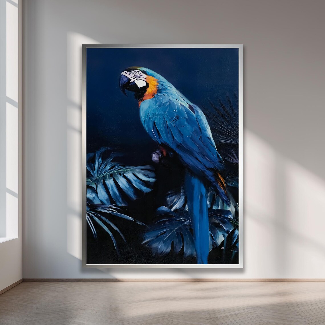 Blue and Yellow Macaw Tropical Bird Portrait Dark Navy Oil Painting Poster