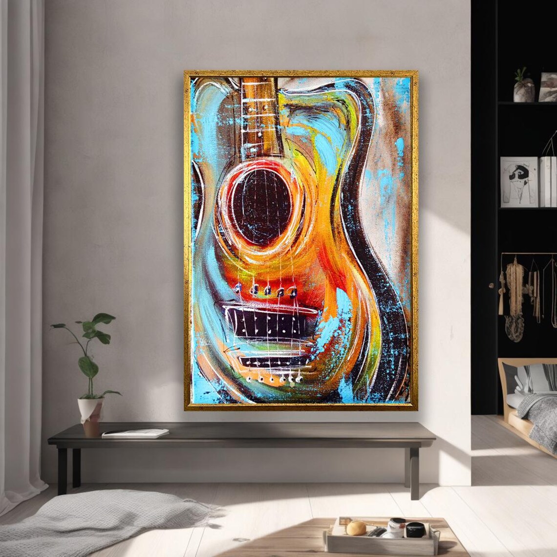 Colorful Abstract Acoustic Guitar Swirl Modern Music Painting Poster