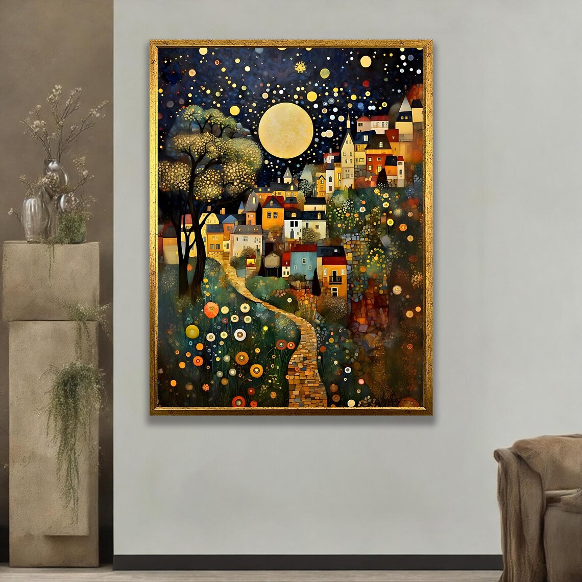 Moonlit Whimsical Village Golden Night Colorful Town Painting Poster