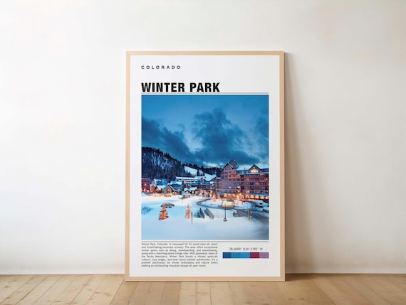 Winter Park Colorado Travel Poster of a Snowy Ski Village at Dusk