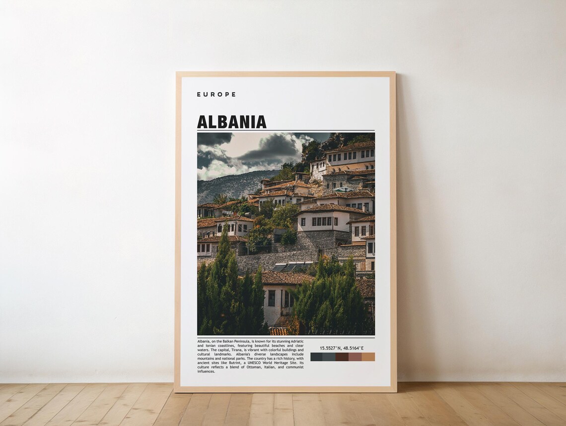 Albania Europe Ottoman Hillside Old Town White Houses Travel Poster