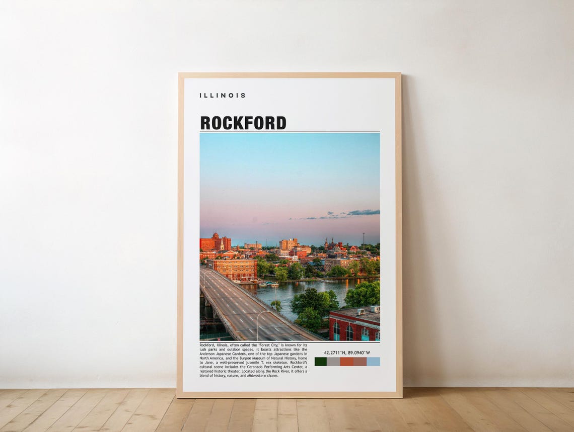 Rockford Print Travel Poster Illinois Art Scenic Views Vibrant City Cultural Landmarks Outdoor Adventures Historic Heritageillinois