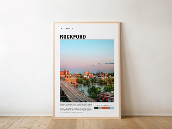 Rockford Illinois Riverfront Skyline Golden Hour Travel Poster