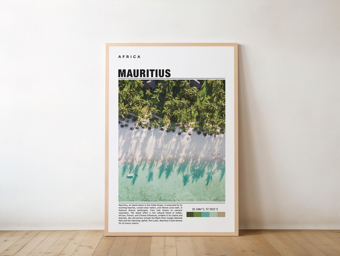 Mauritius Aerial Beach Palm Trees Turquoise Water Travel Poster