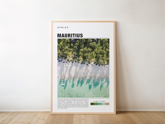 Mauritius Aerial Beach Palm Trees Turquoise Water Travel Poster