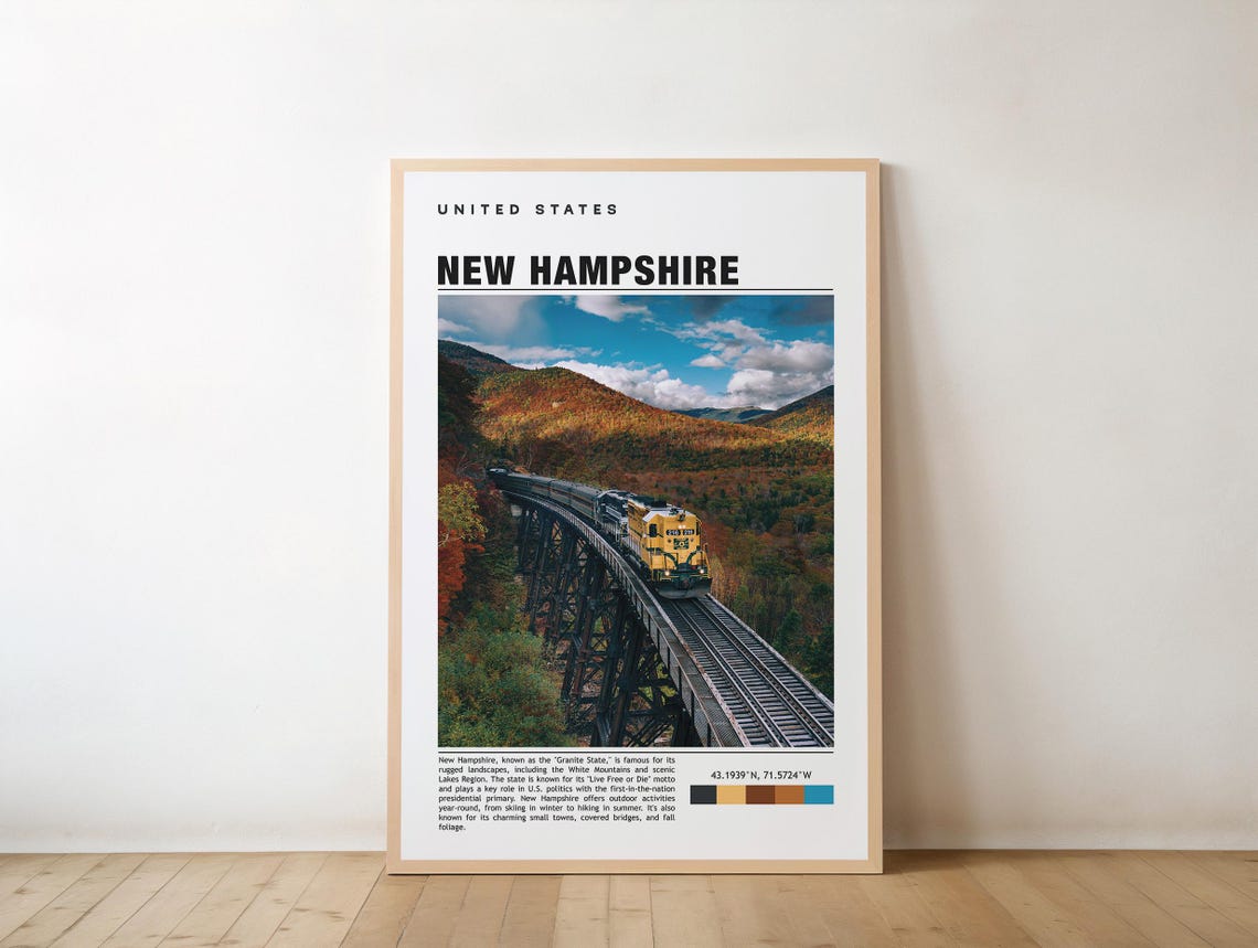 New Hampshire Train On Trestle Bridge Fall Foliage Travel Poster