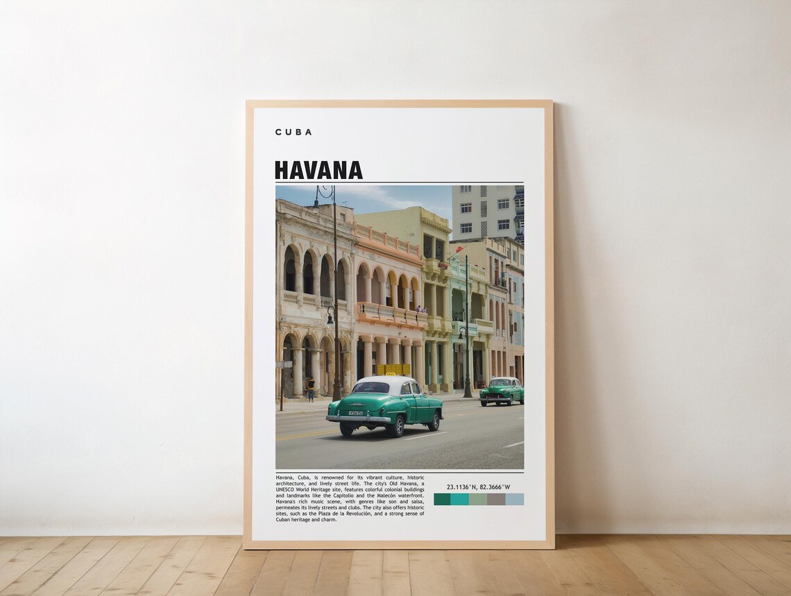 Havana Cuba Travel Poster Classic Car Colonial Street Photo City Scene