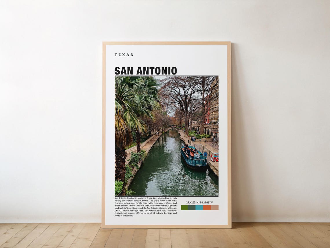San Antonio Texas River Walk with Tour Boat and Cypress Trees Poster
