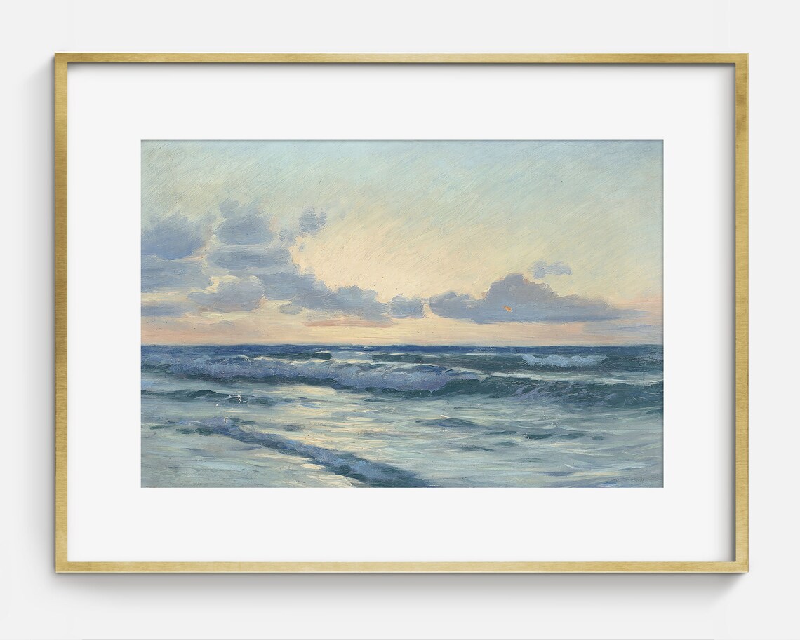 Beach Sunset Rolling Waves Pastel Sky Antique Ocean Painting Coastal Poster - Image 2