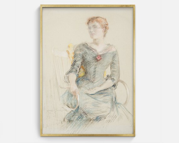 Seated Woman Blue Dress Pastel Portrait Vintage Sketch Art Poster