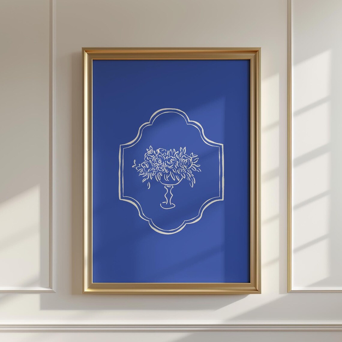 Cream Floral Urn Crest Line Art Cobalt Blue Bold Botanical Poster