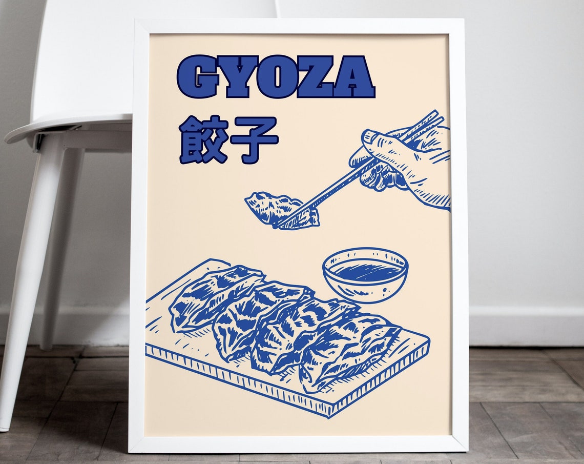 Gyoza Blue Line Illustration Japanese Kitchen Dumpling Art Poster