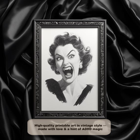 Vintage Vampire Woman Art Print 1950s Gothic Horror Decor