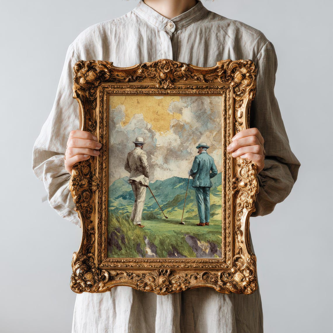 Vintage Gentlemen Golfers Cliff Classic Golf Painting Poster