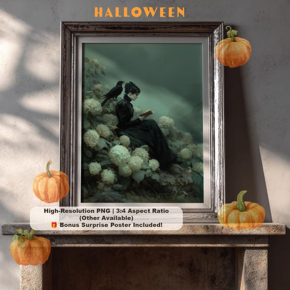 Gothic Halloween Art Woman With Crow Dark Academia Painting Png 300 Dpi
