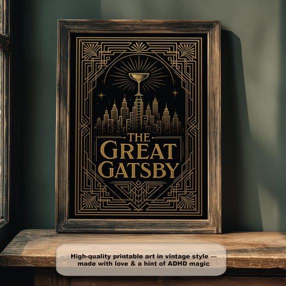 Art Deco Great Gatsby Poster 1920s Jazz Age Wall Gold Black Roaring Twenties Decor Speakeasy Bar Print Literary Gift