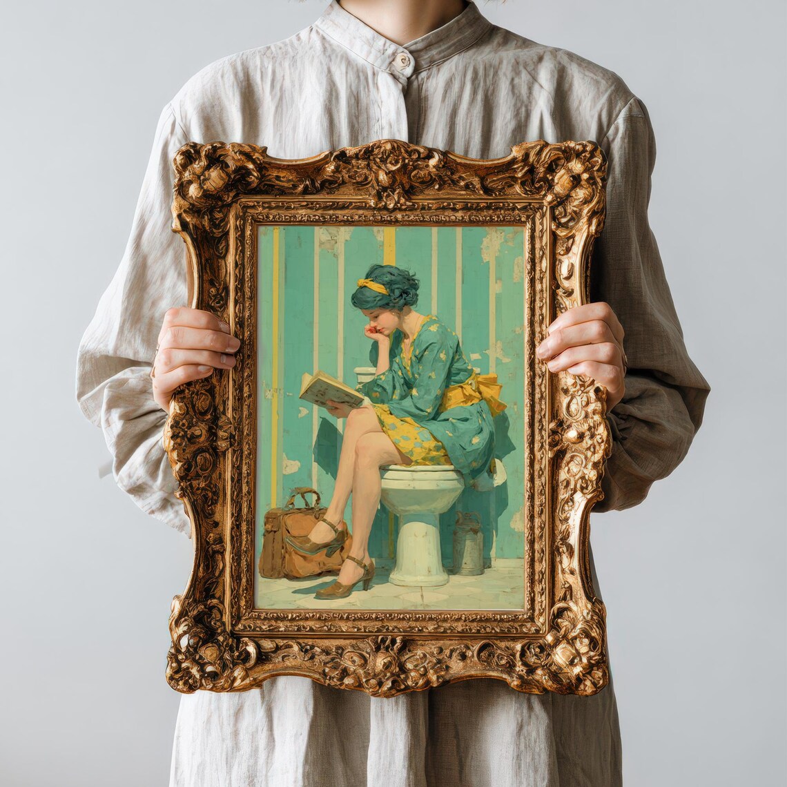 Vintage Pinup Lady on Toilet Poster Quirky Retro Bathroom Art
