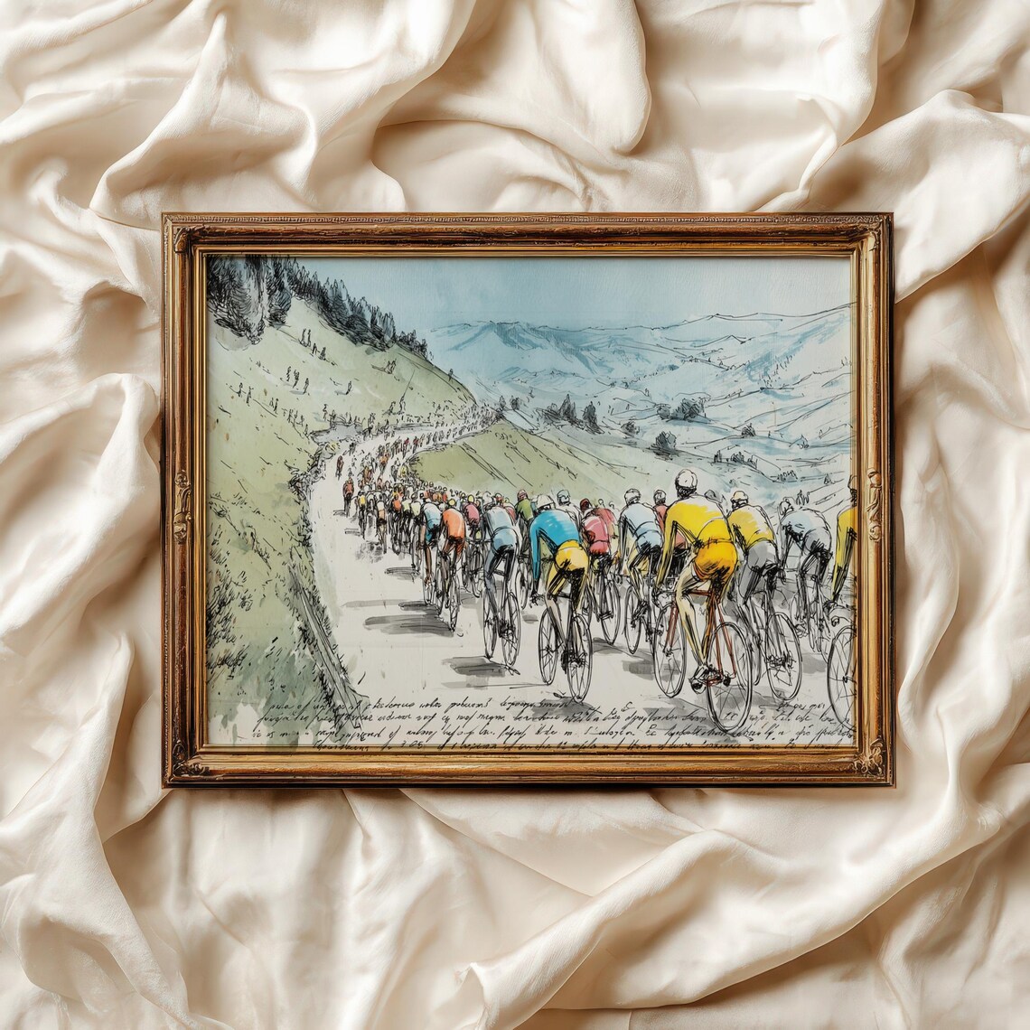 Vintage Tour De France Cycling Peloton Mountain Road Sketch Art Poster