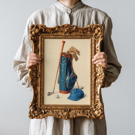 Vintage Golf Bag Still Life Poster Blue Leather Clubs Classic Art