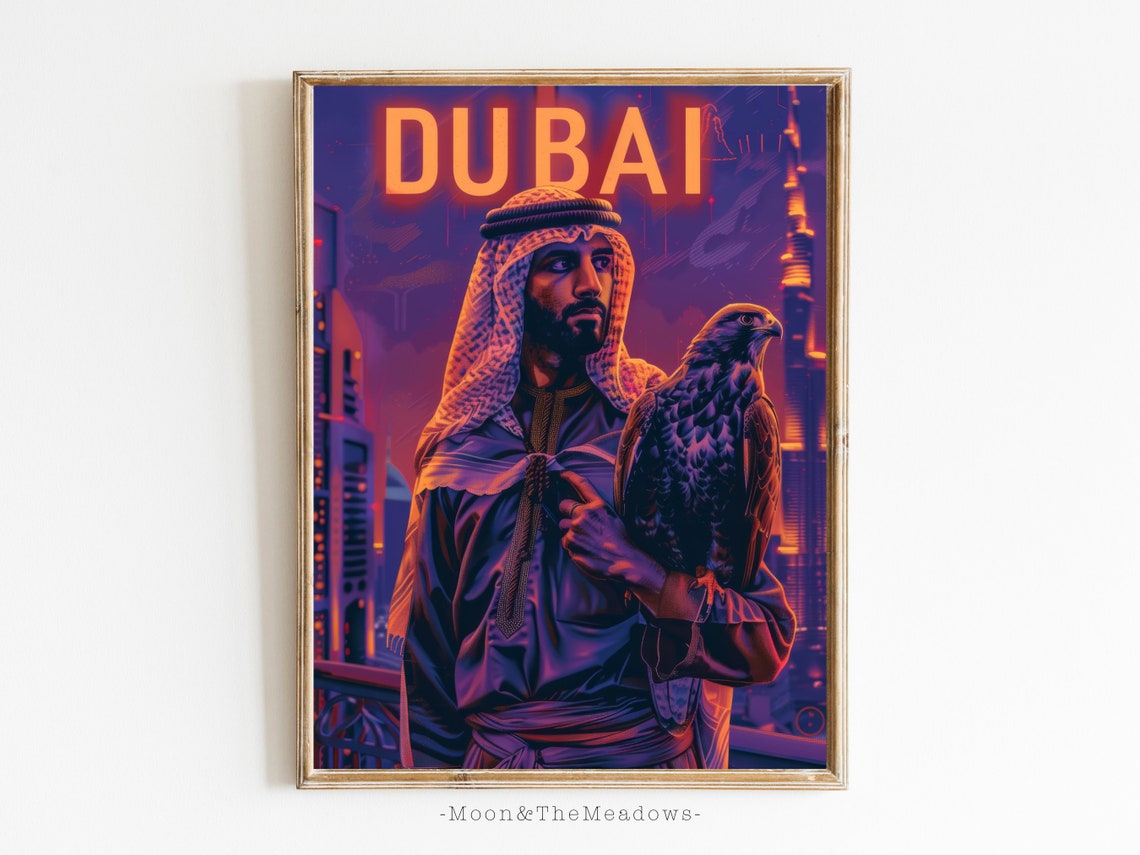 Dubai Neon Falcon Portrait Arab Heritage Night Skyline Poster