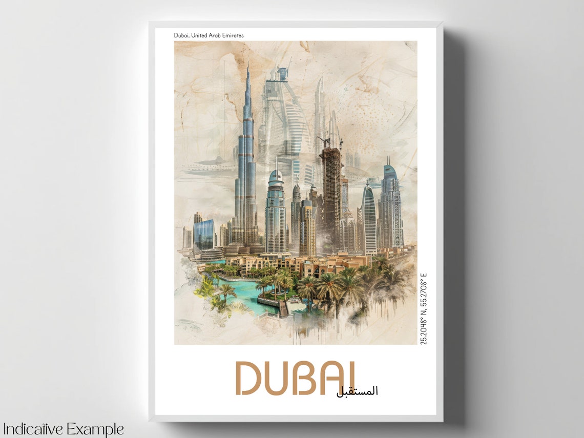 Burj Khalifa Dubai Watercolor Architecture Travel Poster Muted Tones - Image 4