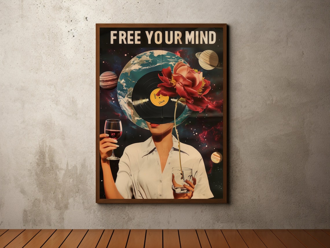 Free Your Mind Retro Vinyl Record Space Collage Wine Glass Poster