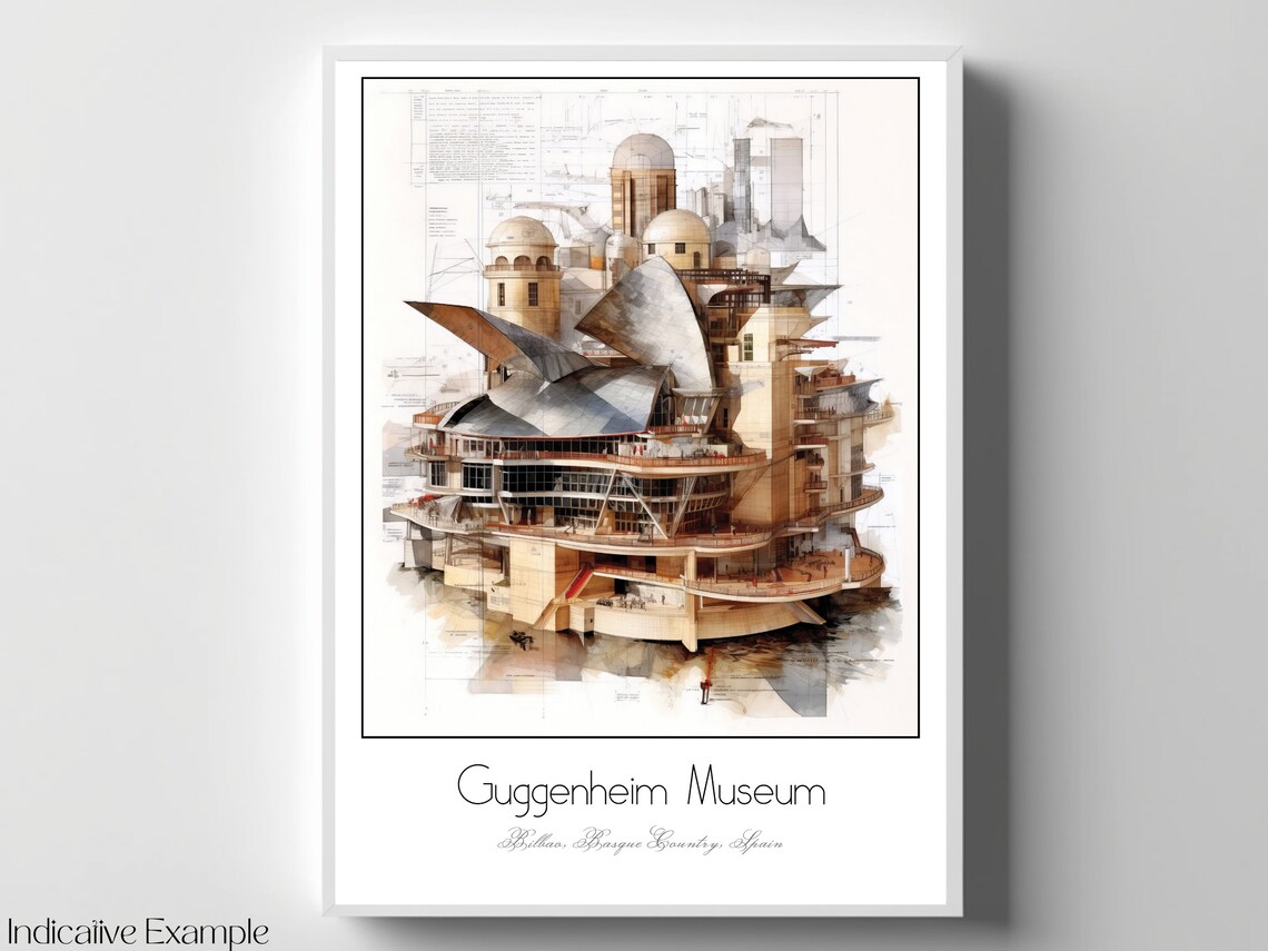 Guggenheim Museum Bilbao Spain Architectural Watercolor Art Poster - Image 4