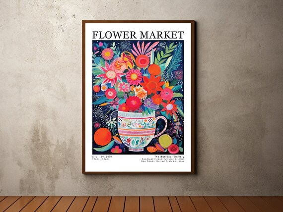 Flower Market Patterned Teacup Bouquet Dark Floral Art Poster