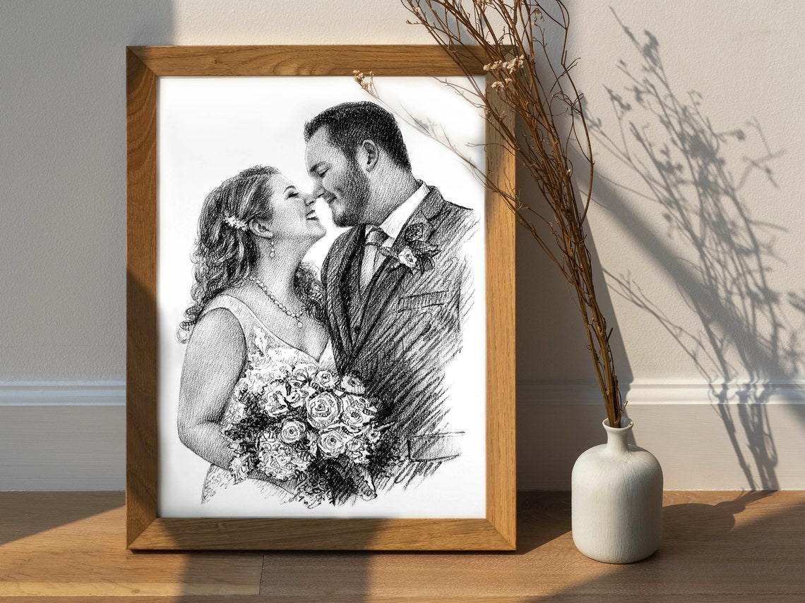 Wedding Couple Nose to Nose Laughing Bride Bouquet Sketch Poster