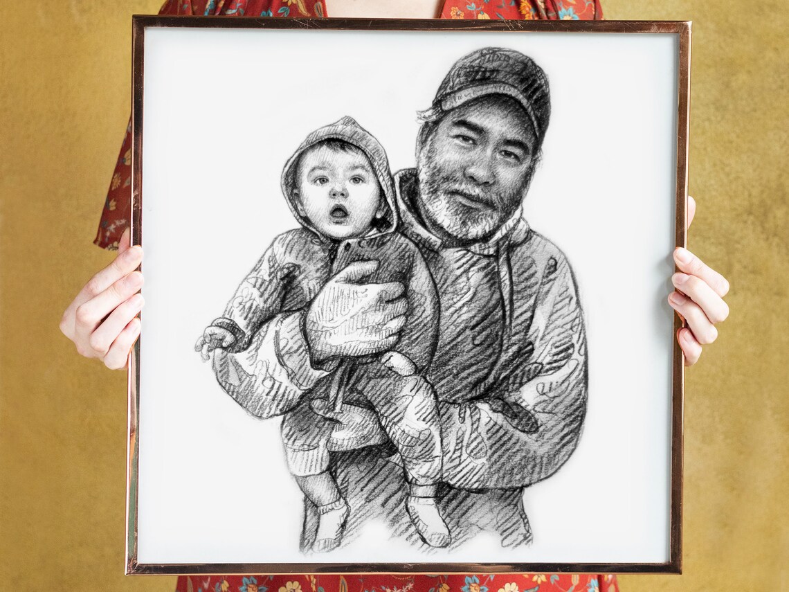 Grandfather in Cap Holding Toddler Grandson Charcoal Portrait Poster