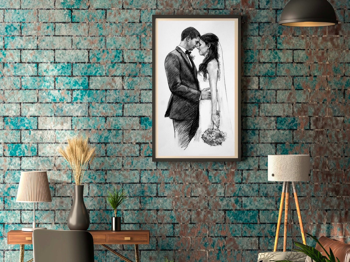 Groom Kissing Bride Forehead Custom Wedding Pencil Sketch Poster - Image 2