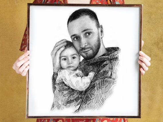 Bearded Dad Holding Toddler Charcoal Sketch Custom Father Child Portrait Drawing Wall Art