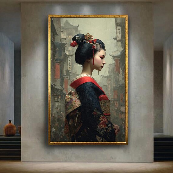 Traditional Japanese Woman Canvas Wall Art In Embroidered Kimono Geisha Portrait Print For Cultural Zen Or Vintage Asian Decor