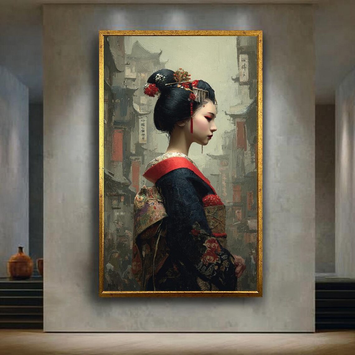 Geisha Woman Embroidered Kimono Old Street Japanese Portrait Poster