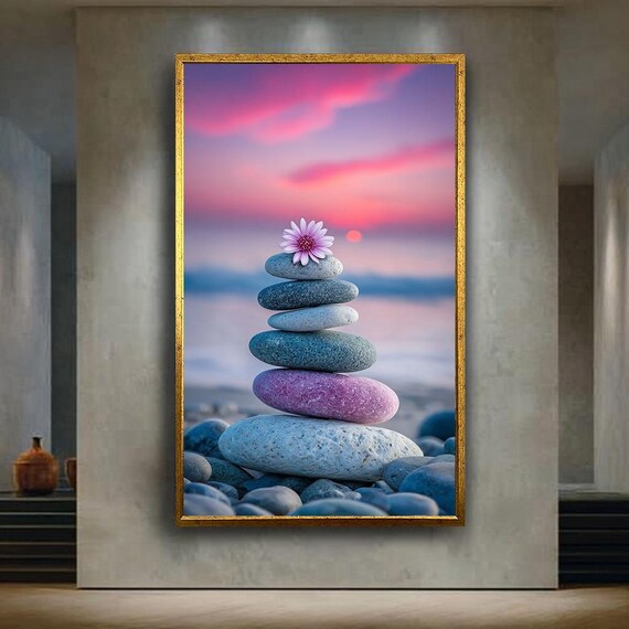 Pastel Zen Stone Stack Canvas Wall Art With Pink Sunset And Flower Calm Beach Print For Spa Meditation Or Inspirational Room Decor